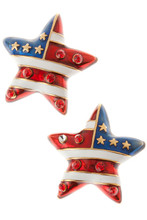 American flag star shaped stud earrings in red, white and blue enamel, with gold plate stars and red crystals. Post back, goldplate, lead free.