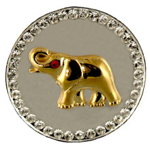Goldplate Elephant on a Satin Silver Coin surrounded by diamond like Swarovski crystals. Size: 1.25".