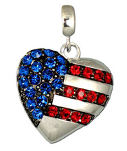 This neckslide will surely symbolize your love for the US of A. The silver-plate heart shape has blue Swarovski crystals denoting the stars and red crystals for the stripes. Approx. 1.25".
