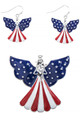 Patriotic angel pendant with blue enamel wings and silver-plate stars with the skirt featuring red and white stripes has matching earrings.