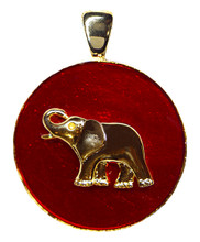 Gold-plate Elephant on a red enamel coin shape. Size: 1.25".