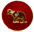 Gold-plate Elephant on a red enamel coin shape. Size: 1.25". Pin back.