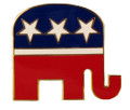 An ideal lapel pin during election season! The Republican logo is gold-plate with red, white and blue enamel background and white stars in the shape of an elephant. Size: ½”.