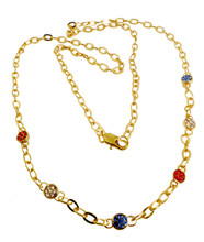 A patriotic stylish long necklace  - 15" featuring six red, white and blue round rhinestone gemstones.