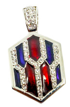 This neckslide features diamond-like crystals on the pendant as well a on the chain loop with red and blue enamel background.