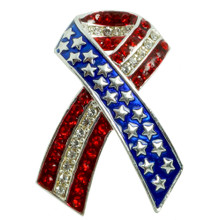 Whether you know and care for a military service member personally or are a grateful fellow citizen, this Patriotic Ribbon pin is a wonderful way to show your support and wish for their safe return. Featuring a stars and stripes motif in silver-plate and crystal, wearing this pin honors those who know the price of freedom. Red White and Blue enamel in silverplate with red and diamond like crystals. 1.5" pin.