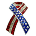 Whether you know and care for a military service member personally or are a grateful fellow citizen, this Patriotic Ribbon neckslide is a wonderful way to show your support and wish for their safe return. Featuring a stars and stripes motif in silver-plate and crystal, wearing this pin honors those who know the price of freedom. Red White and Blue enamel in silverplate with red and diamond like crystals. 1.5" neckslide.