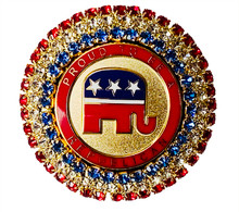 Cloisonne Republican Crystal Pin/Brooch featuring three rows of red white and blue Swarovski crystals. The words "Proud to Be a Republican" with the logo are featured in the center. Approx. 1¼”.
