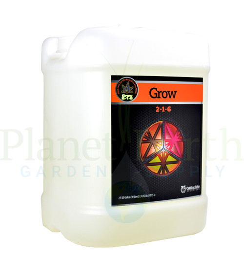 Cutting Edge Solutions Grow (CES220) 2.5 gallon liquid nutrient container front view, front label displayed