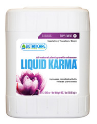 White 5-gallon jug of Botanicare Liquid Karma plant growth enhancer with a pink flower graphic.