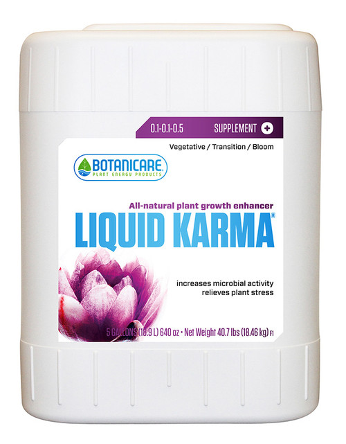 White 5-gallon jug of Botanicare Liquid Karma plant growth enhancer with a pink flower graphic.