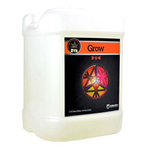 Grow (2.5 gallons) adds more nitrogen for plant growth.  Potassium to improve the plant's photosynthetic rate and energy transfer throughout the plant. 