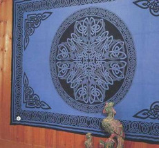 Blue Celtic Print bedspread, Queen size, made from easy care Indian cotton. Affordable bedspreads which add color and life to any bedroom.