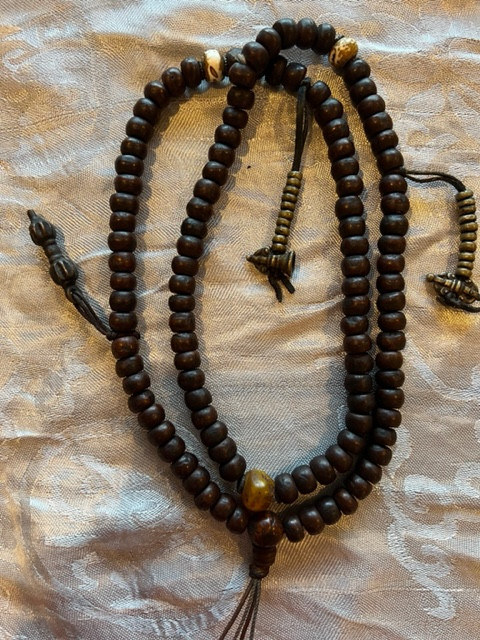 Vintage Older Bodhiseed mala with bell and two types of classical dorjes