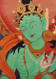 Green Tara Thangka close up. She's the feminine aspect of protection, represents compassion in action since she is in the process of stepping from her lotus throne in order to help sentient beings